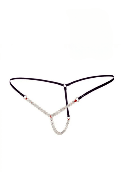 Black Micro G String with Beaded White pearls