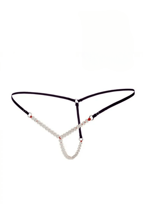 Black Micro G String with Beaded White pearls