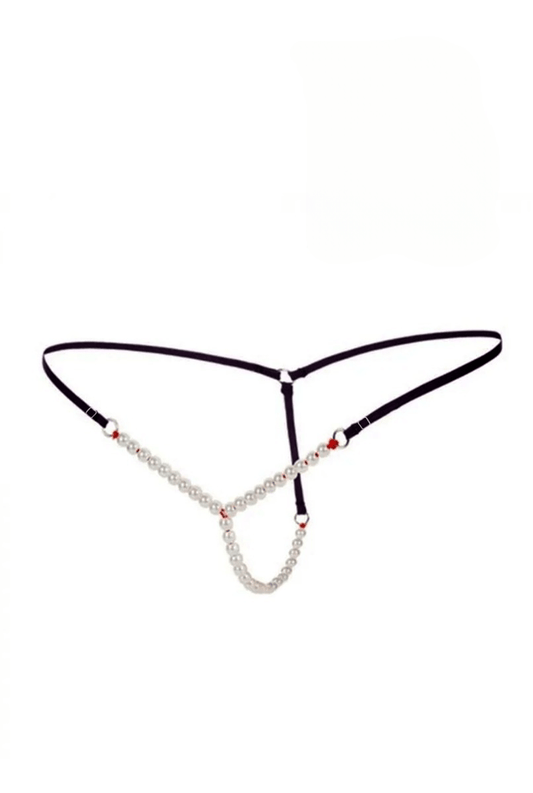 Black Micro G String with Beaded White pearls