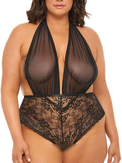 Plus Size Floral Lace Mesh Bodysuit