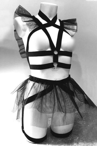 Black High-Waisted Sheer Mesh Skirt Dress with Belt Accents