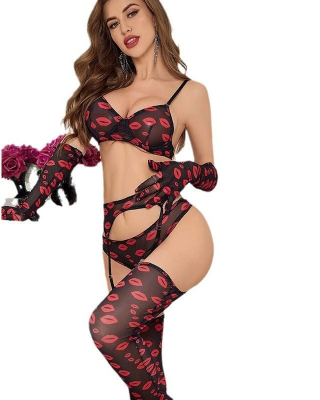 Kiss Me Dramatic Red Lip Print Mesh Lingerie Set