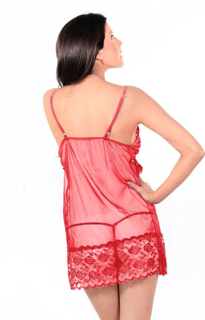 Women's Red Transparent Lace Babydoll Dress