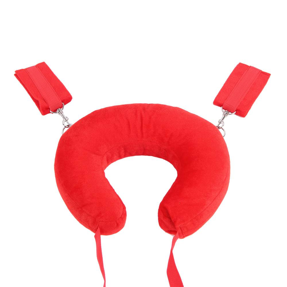 Open Leg Sponge Padded Pillow with Bondage Hand Cuff Ankle Cuffs - Red Colour