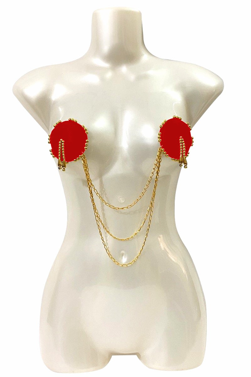 Red Nipple cover with golden beads and chain