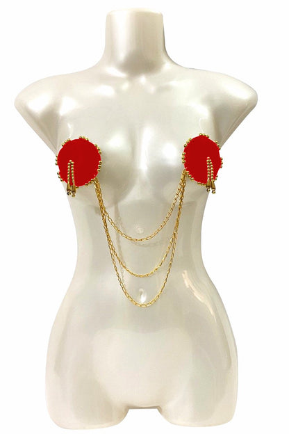 Red Nipple cover with golden beads and chain