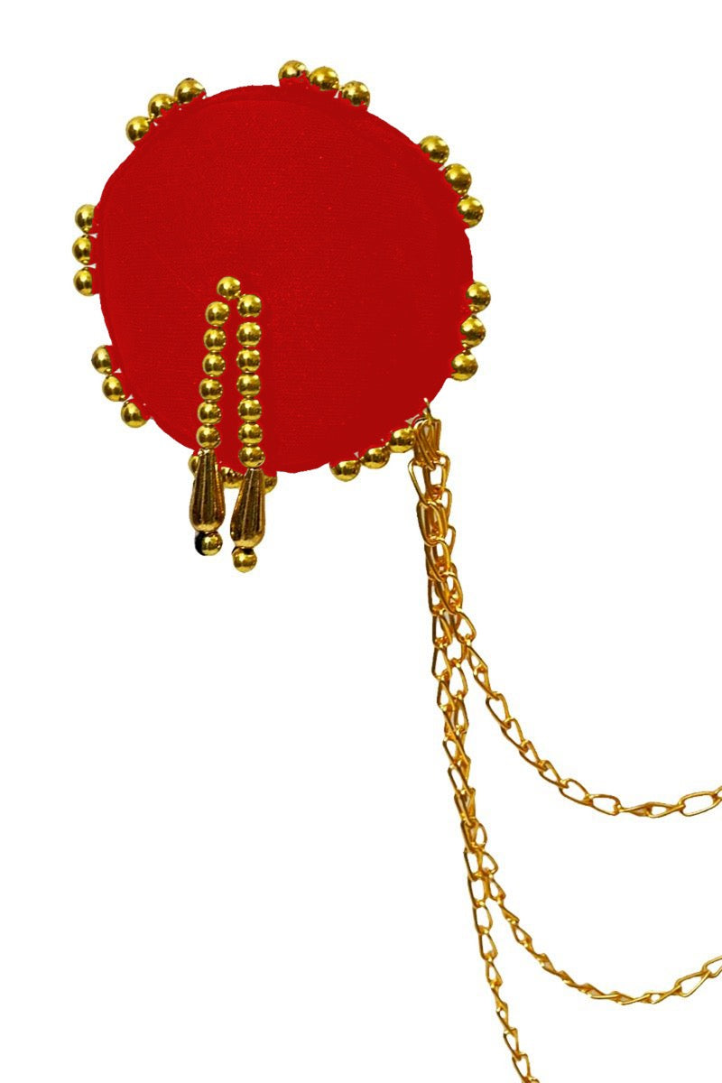 Red Nipple cover with golden beads and chain