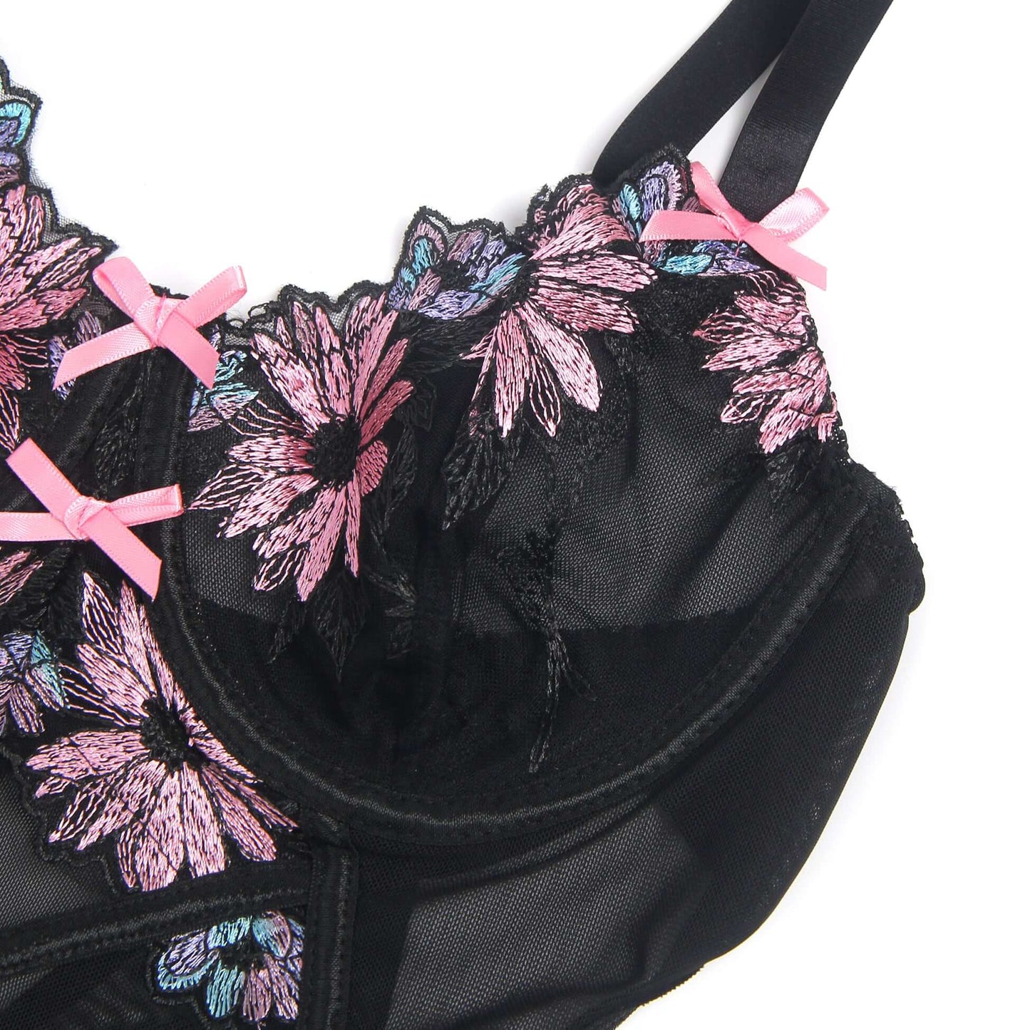 Black Sexy sheer Babydoll Dress with Floral Embroidery