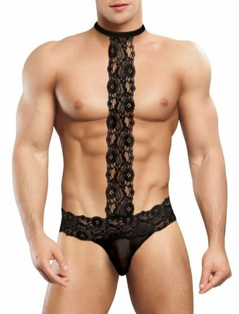 Men's Sheer Black Lace Brief with Choker Detail