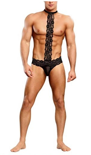 Men's Brief Lace Choker Thong Underwear in Sheer Black