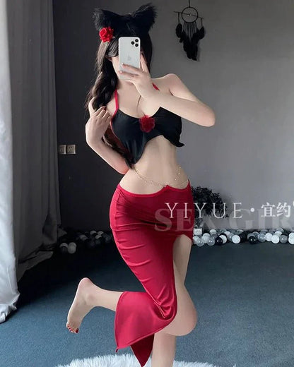 Magnetic Nights Flame Two-Piece Satin Lingerie Set