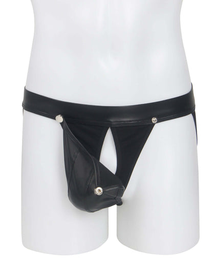 Men’s Black PU Leather Jockstrap with Detachable Pouch