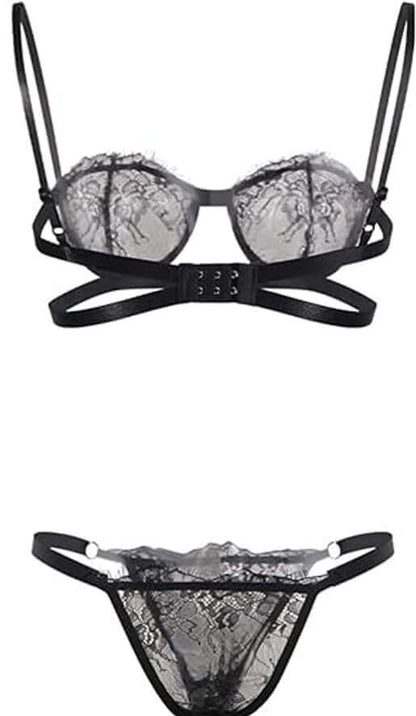 Sheer Mesh Lace Lingerie Set – Black