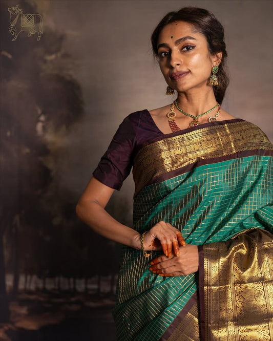Emerald Green Banarasi Soft Silk Saree with Gold Checks & Contrast Zari Border