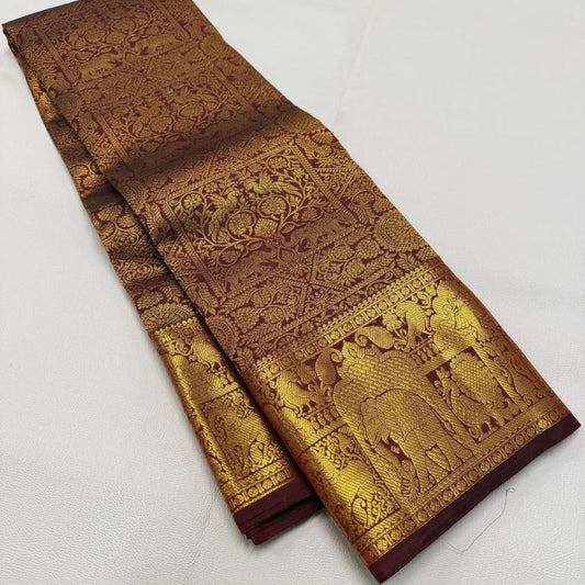 Maroon Gold Banarasi Soft Silk Saree with Royal Elephant Zari Weaving