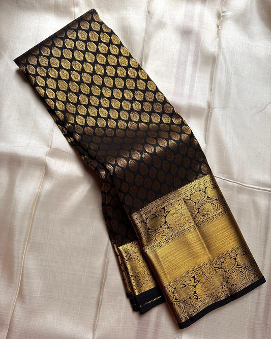 Black Gold Banarasi Soft Silk Saree with Antique Zari Butti & Royal Border