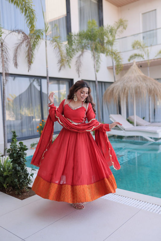 Red Mul Chanderi Anarkali Suit Set with Roman Silk Pant & Dupatta | Ready to Wear Ethnic Outfit