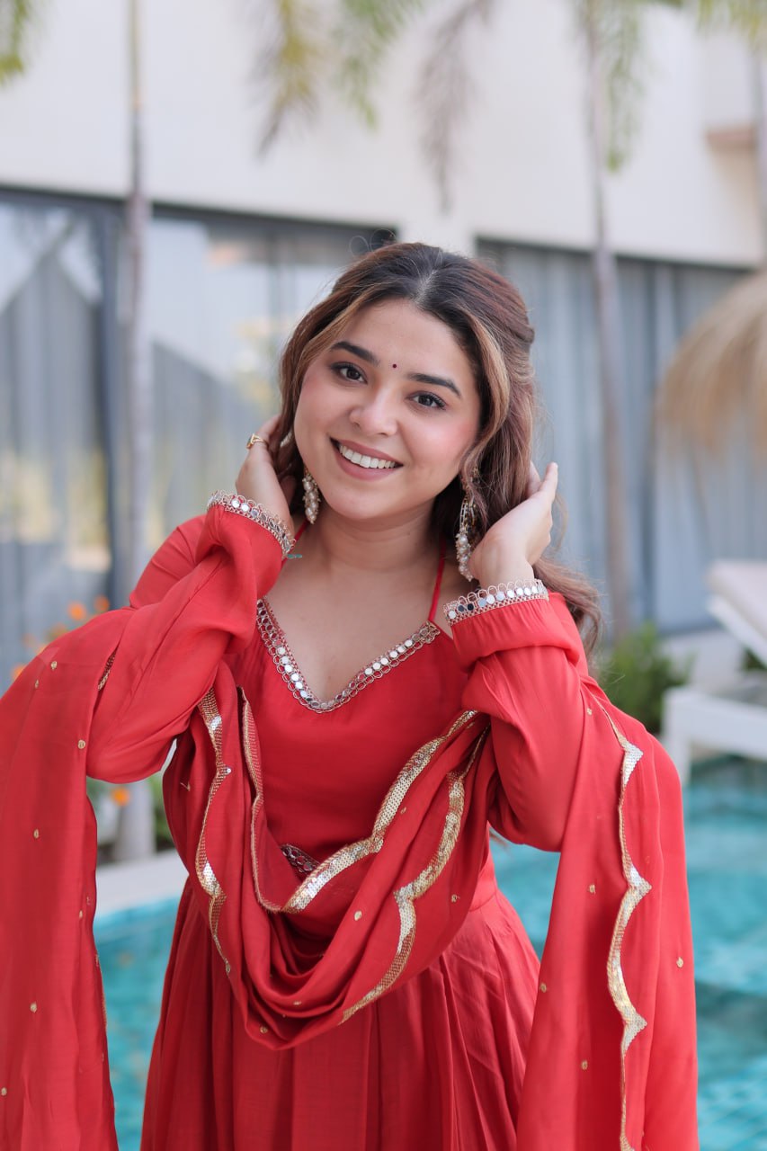 Red Mul Chanderi Anarkali Suit Set with Roman Silk Pant & Dupatta | Ready to Wear Ethnic Outfit