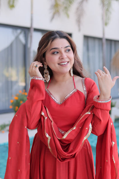 Red Mul Chanderi Anarkali Suit Set with Roman Silk Pant & Dupatta | Ready to Wear Ethnic Outfit