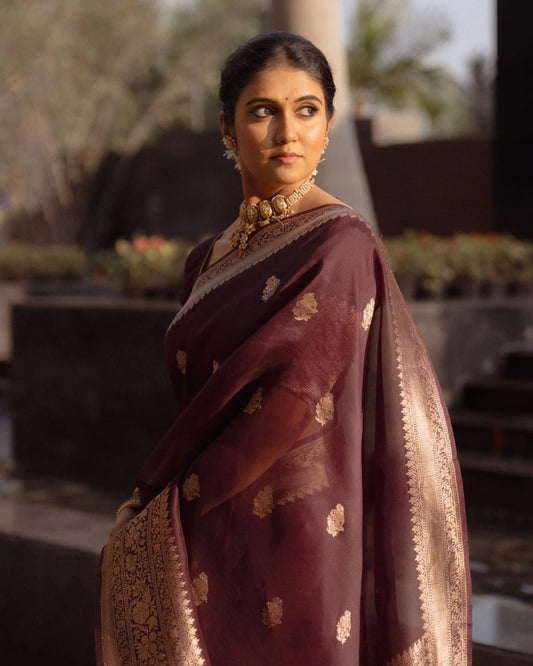 Maroon Organza Silk Saree with Floral Zari Motifs and Brocade Border