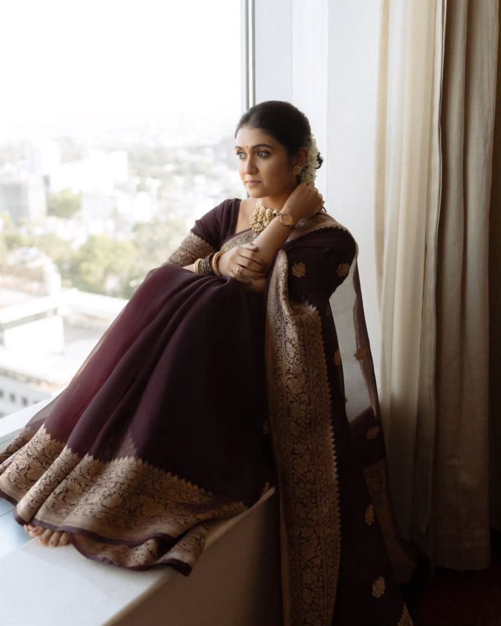 Maroon Organza Silk Saree with Floral Zari Motifs and Brocade Border