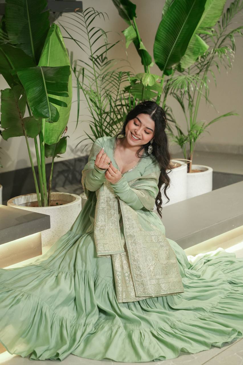 Royal Roman Silk Fully Flared Anarkali Suit Set (3 Piece Set)