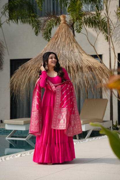 Royal Roman Silk Fully Flared Anarkali Suit Set (3 Piece Set)