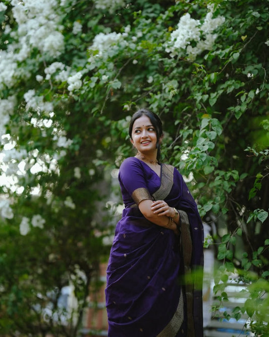 Purple Banarasi Silk Saree with Golden Butti Weave and Zari Border