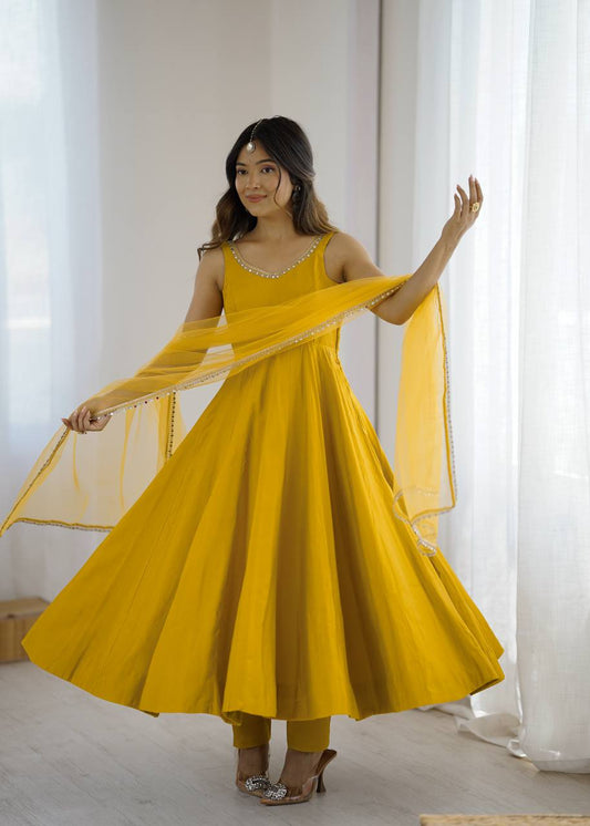 Yellow Anarkali Suit Set with Roman Silk Fabric, Pant and Net Dupatta