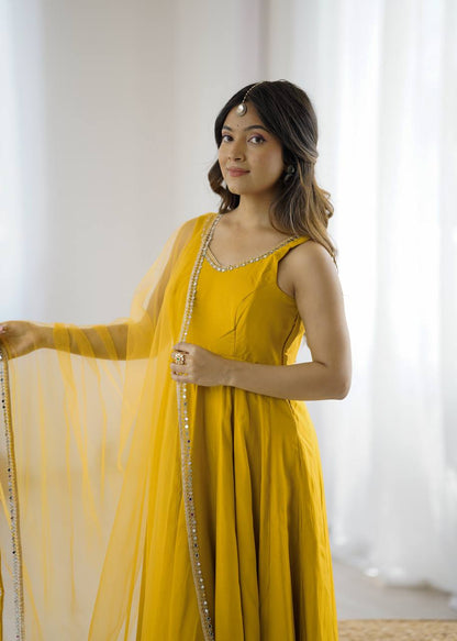 Yellow Anarkali Suit Set with Roman Silk Fabric, Pant and Net Dupatta