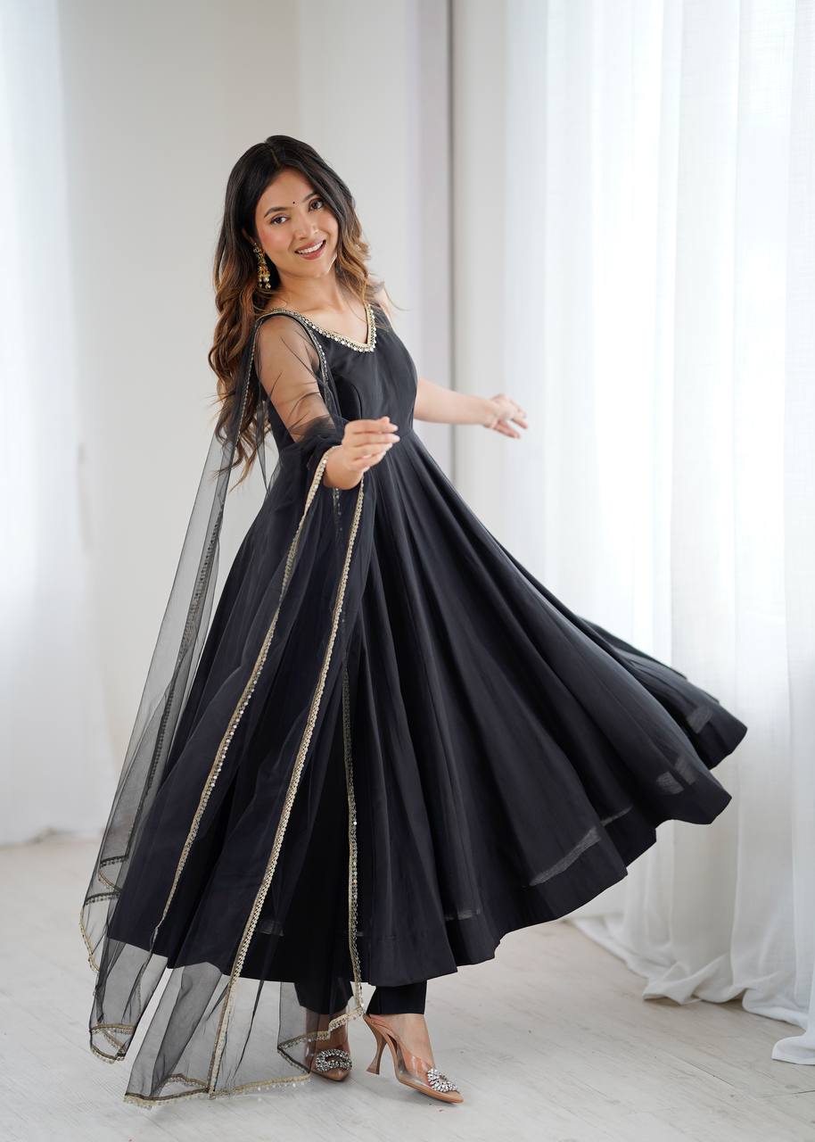 Black Anarkali Suit Set with Roman Silk Fabric, Pant and Net Dupatta