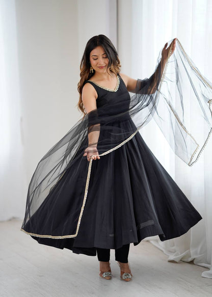 Black Anarkali Suit Set with Roman Silk Fabric, Pant and Net Dupatta