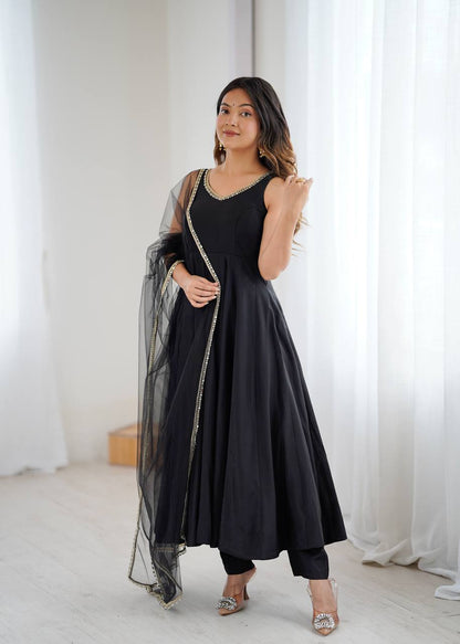 Black Anarkali Suit Set with Roman Silk Fabric, Pant and Net Dupatta