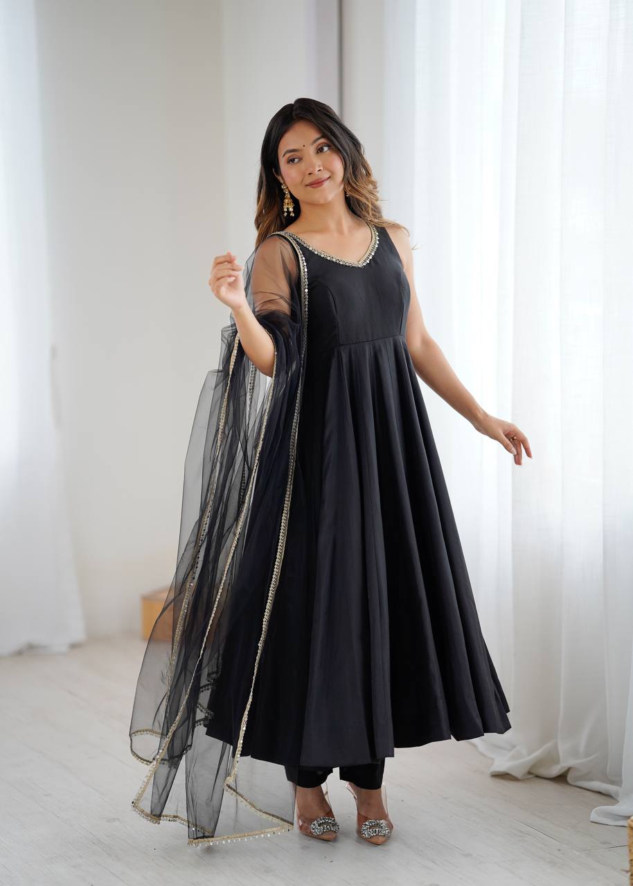 Black Anarkali Suit Set with Roman Silk Fabric, Pant and Net Dupatta