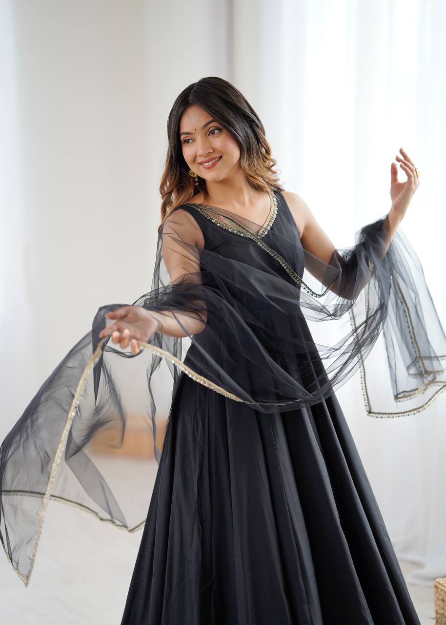 Black Anarkali Suit Set with Roman Silk Fabric, Pant and Net Dupatta