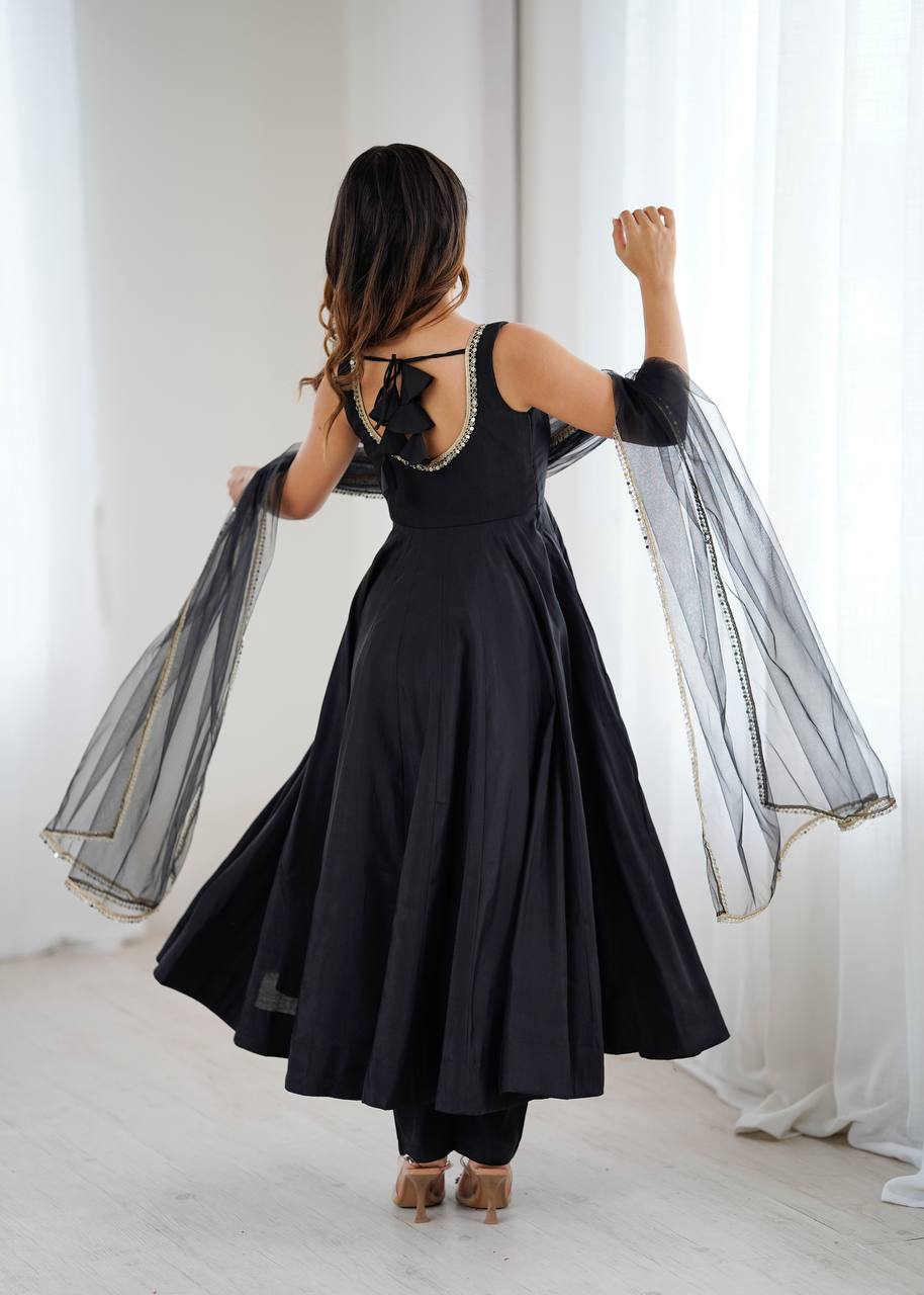 Black Anarkali Suit Set with Roman Silk Fabric, Pant and Net Dupatta