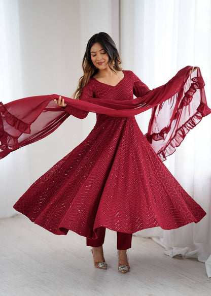 Maroon Designer Anarkali Suit Set – Premium Festive Wear (Fully Stitched)