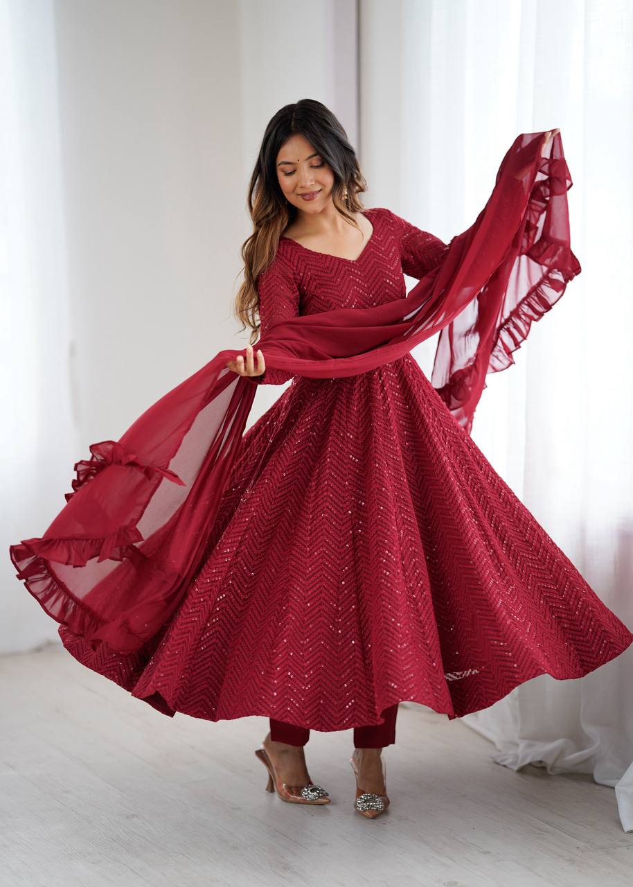 Maroon Designer Anarkali Suit Set – Premium Festive Wear (Fully Stitched)