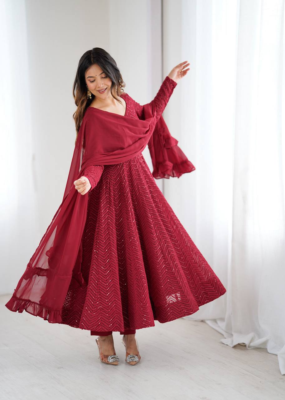 Maroon Designer Anarkali Suit Set – Premium Festive Wear (Fully Stitched)