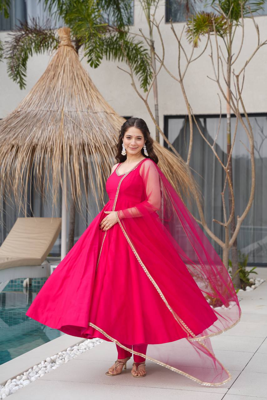 Pink Roman Silk Chanderi Anarkali Suit Set with Pant & Net Dupatta | Ready to Wear Ethnic Wear