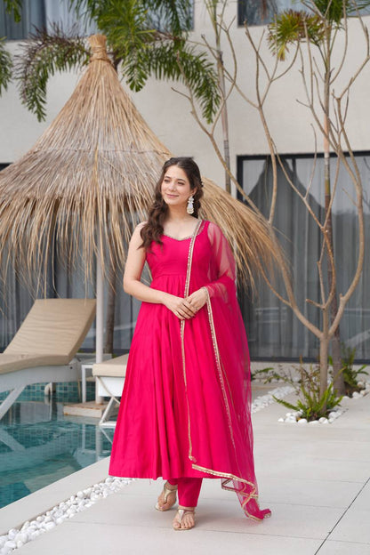 Pink Roman Silk Chanderi Anarkali Suit Set with Pant & Net Dupatta | Ready to Wear Ethnic Wear