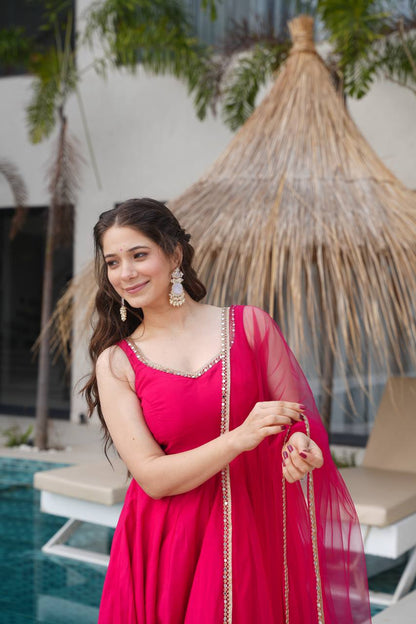 Pink Roman Silk Chanderi Anarkali Suit Set with Pant & Net Dupatta | Ready to Wear Ethnic Wear