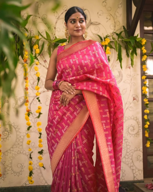 Pink Silk Saree with Geometric Gold Zari Weave