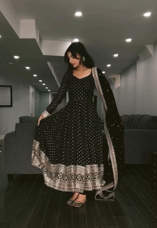 Black Anarkali Suit Set with Embroidered Fabric, Pant and Dupatta
