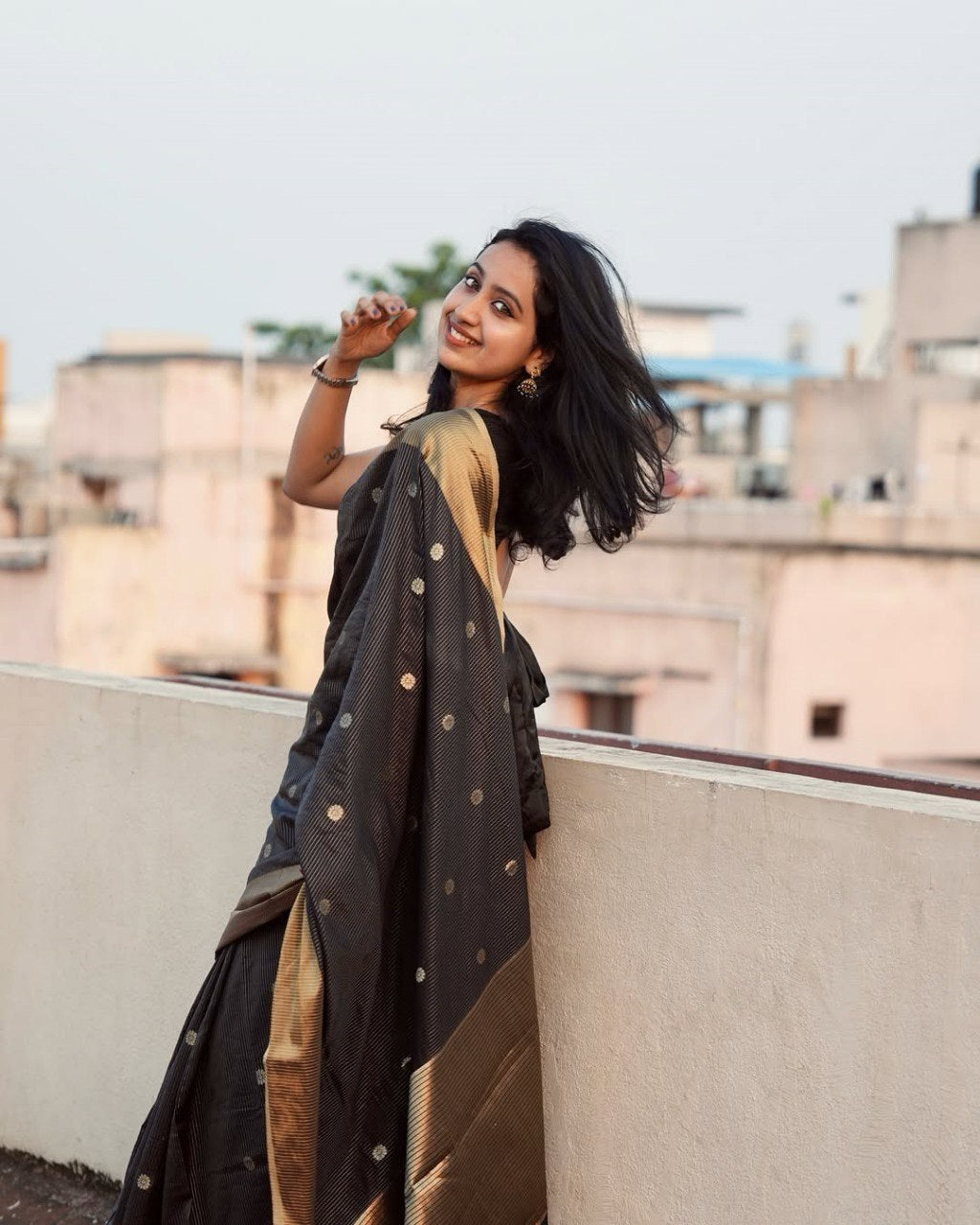 Black Cotton Silk Saree with Zari Dot Weave and Gold Border