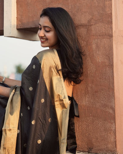 Black Cotton Silk Saree with Zari Dot Weave and Gold Border