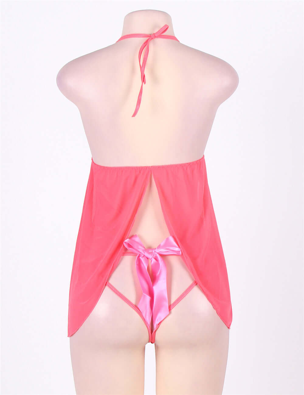 Pink Halter Transparent Babydoll Dress with Cute Bowknot