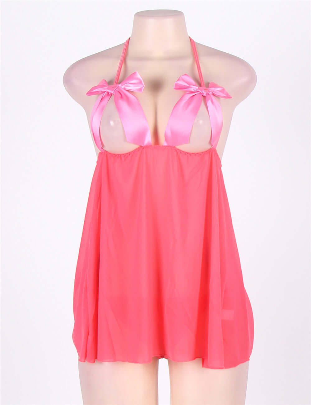 Pink Halter Transparent Babydoll Dress with Cute Bowknot