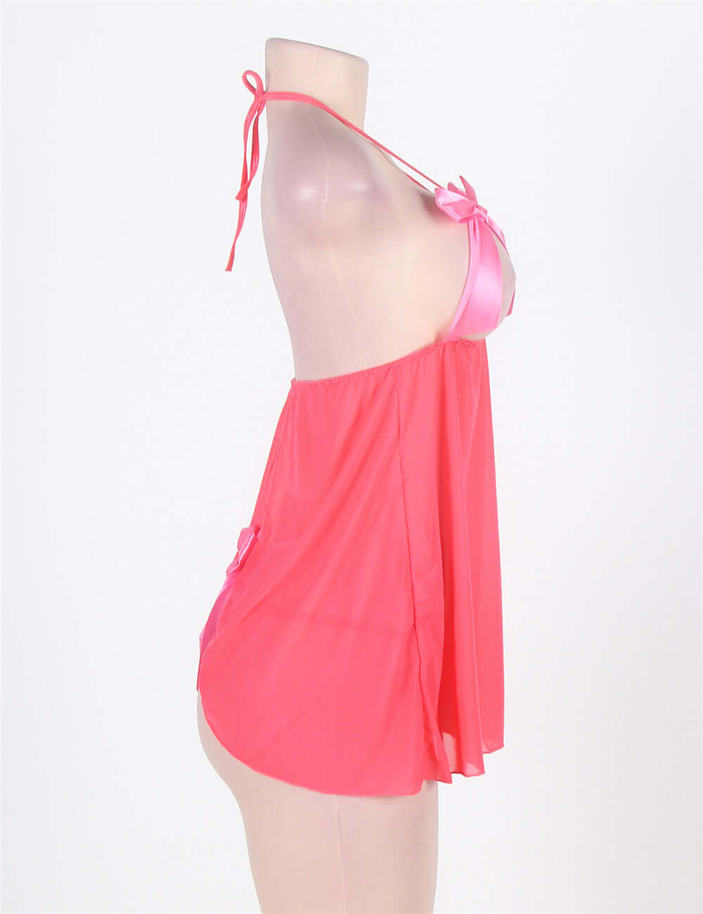 Pink Halter Transparent Babydoll Dress with Cute Bowknot