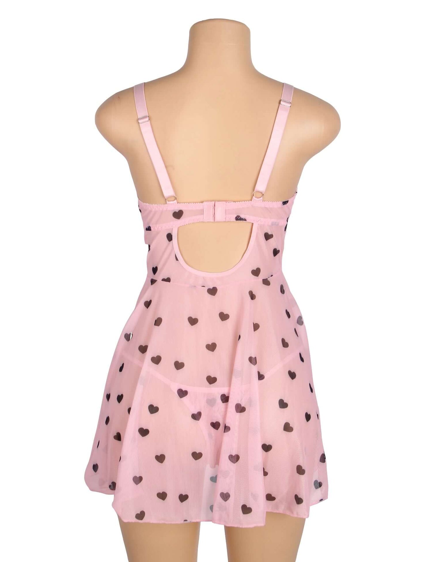 Pink Heart Printed Lace Mesh Push-Up Babydoll Dress
